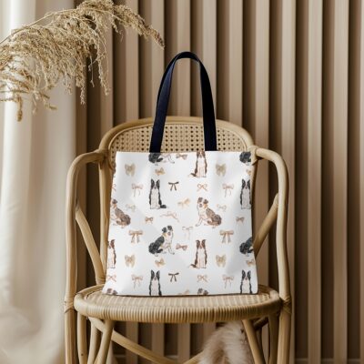Border Collie Tote Bag, Coquette Beige Bows Aesthetic Market Bags, Reusable Shoulder Bag, Gifts for Pet Dog Mom, Doggy Day Care Boarding Bag